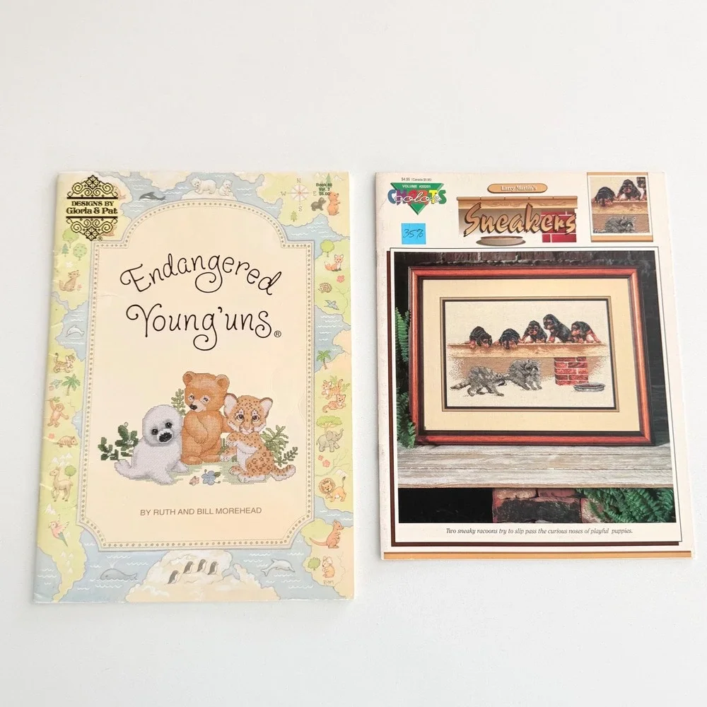 Lot‎ 2 Vintage Cross Stitch Pattern Books Animals Puppies Raccoons Bobcats